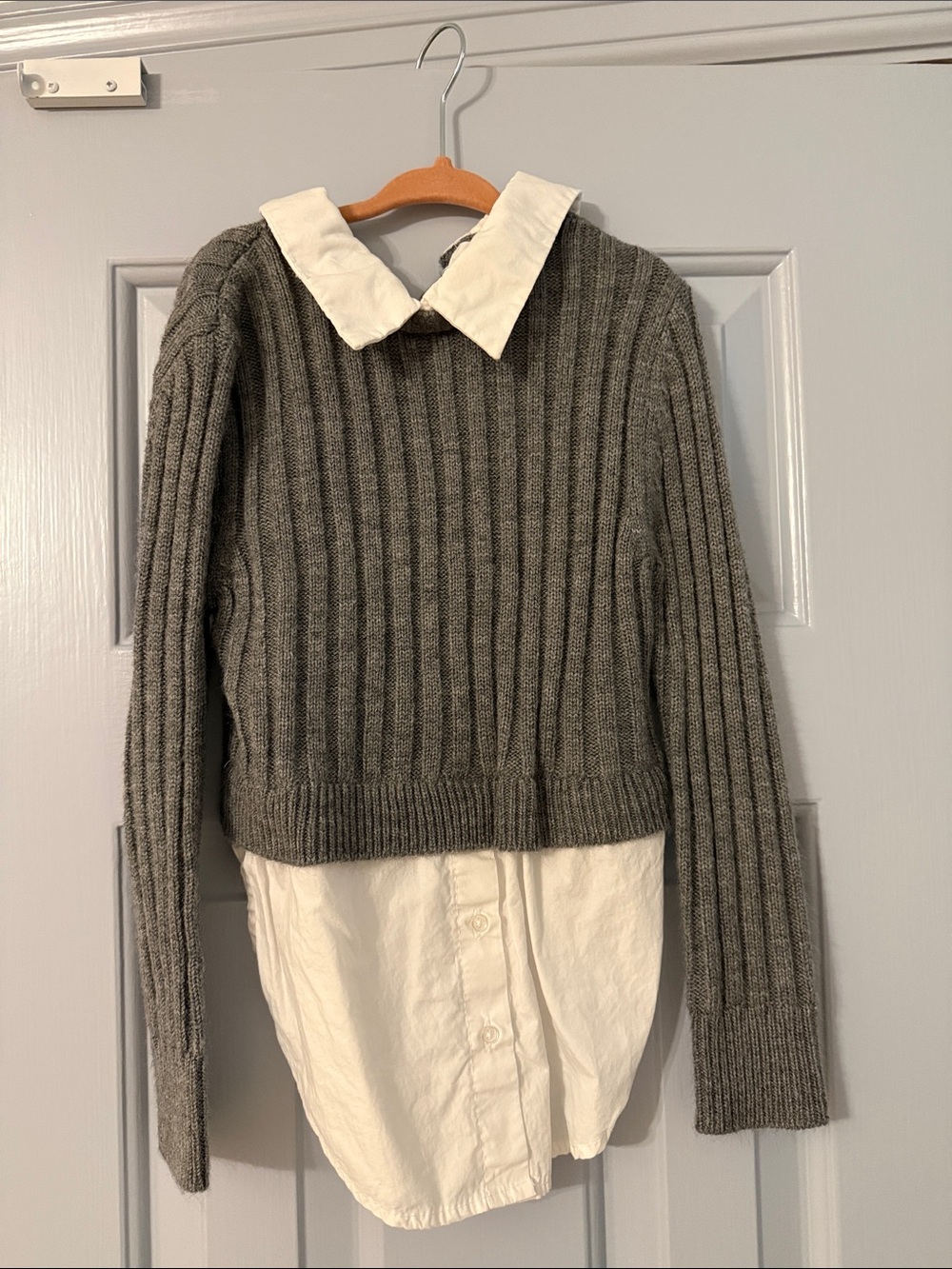 Zara Gray Ribbed Knit Sweater with White Shirt Hem